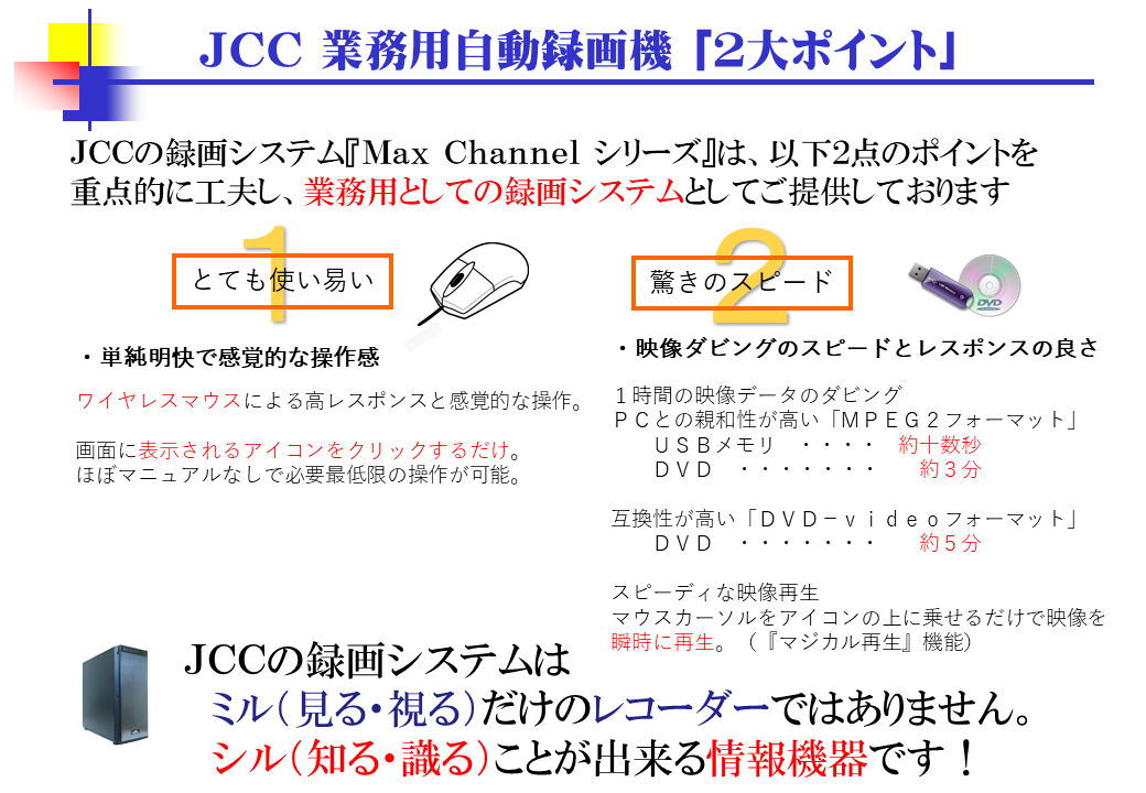 ＪＣＣ業務用自動録画機「とても使い易い」「驚きのスピード」